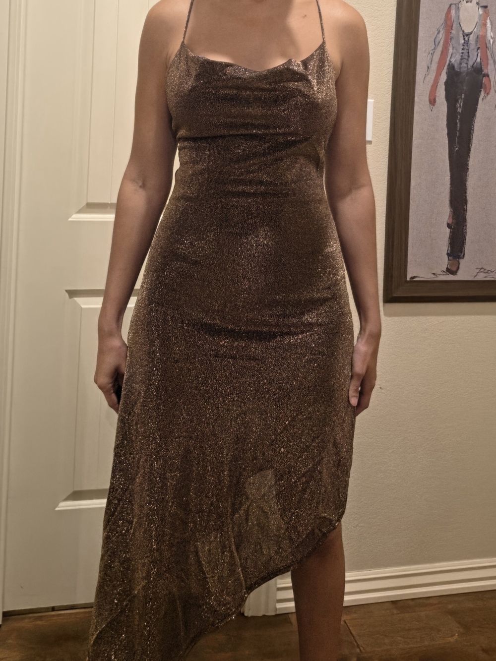 Metallic Brown Asymmetrical Slip Dress with Cowl Neck
